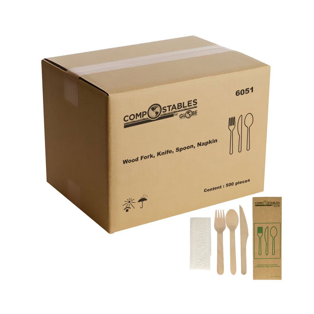 Wood Fork, Knife, Spoon and Napkin in Paper Bag (case of 500)