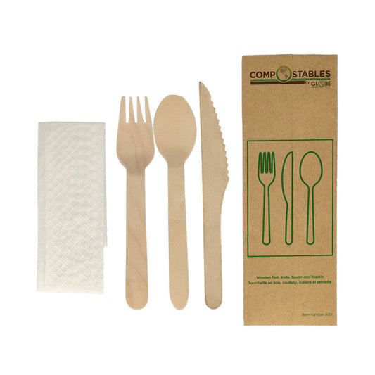 Wood Fork, Knife, Spoon and Napkin in Paper Bag (case of 500)